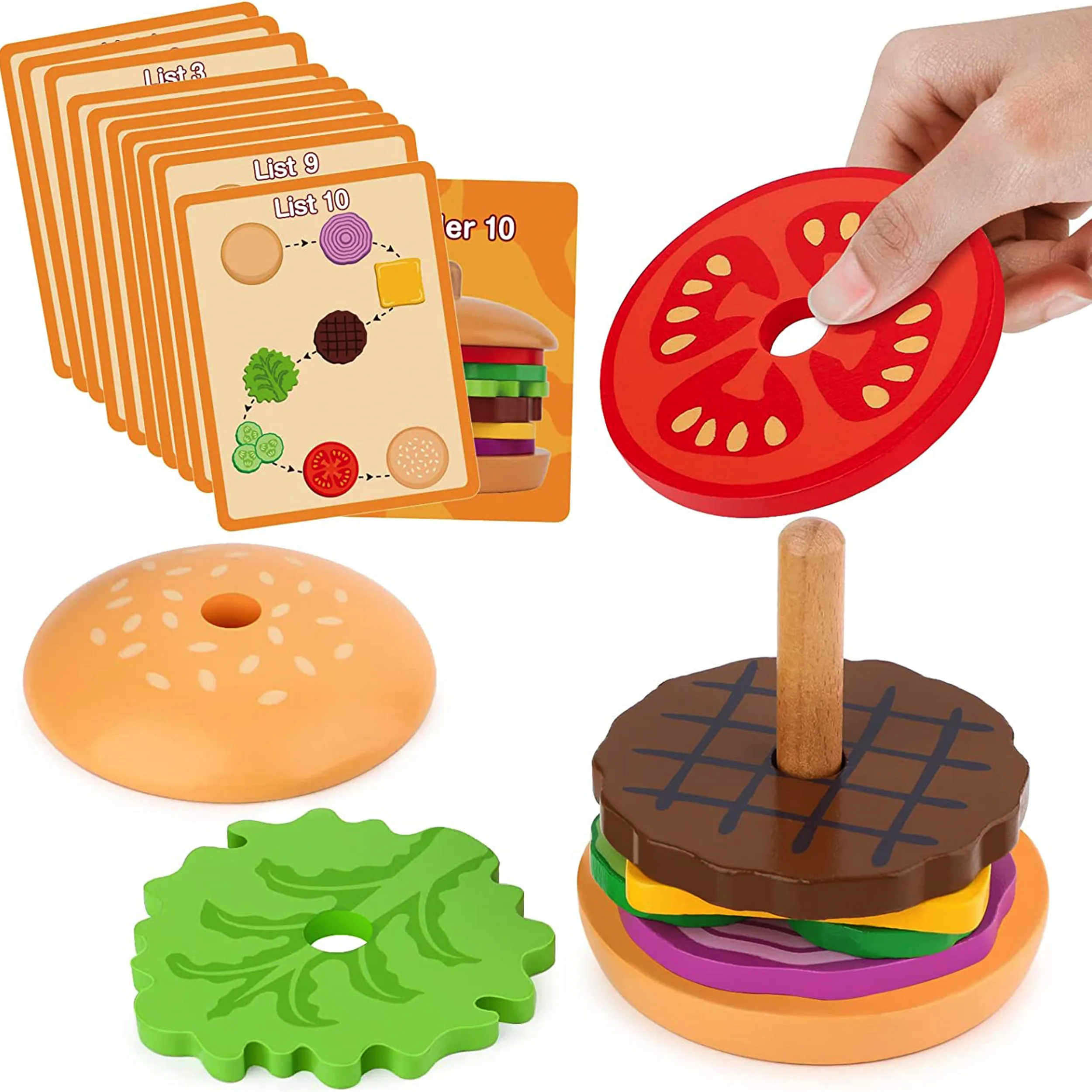 jouet montessori, jouets en bois montessori, jouet à empiler burger, jouet éducatif